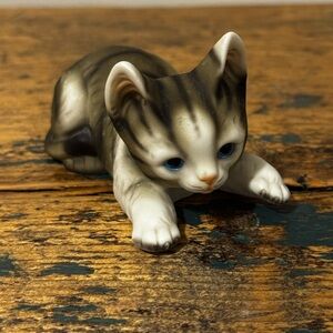 Porcelain Kitten Figurine - Gray & White Cat with Blue Eyes